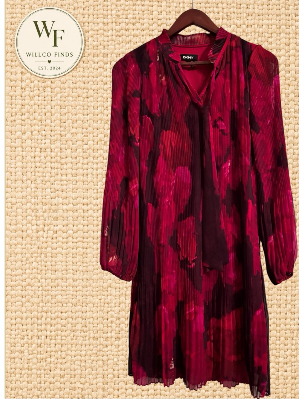 DKNY Women’s Size 2 Red Burgundy Floral Pleated Midi Dress Tie Neck Long Sleeve